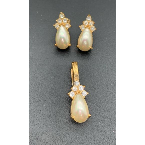Vintage Roman Gold Tone Faux Pearl & Rhinestone Earrings & Enhancer Pendant Set - Picture 1 of 4